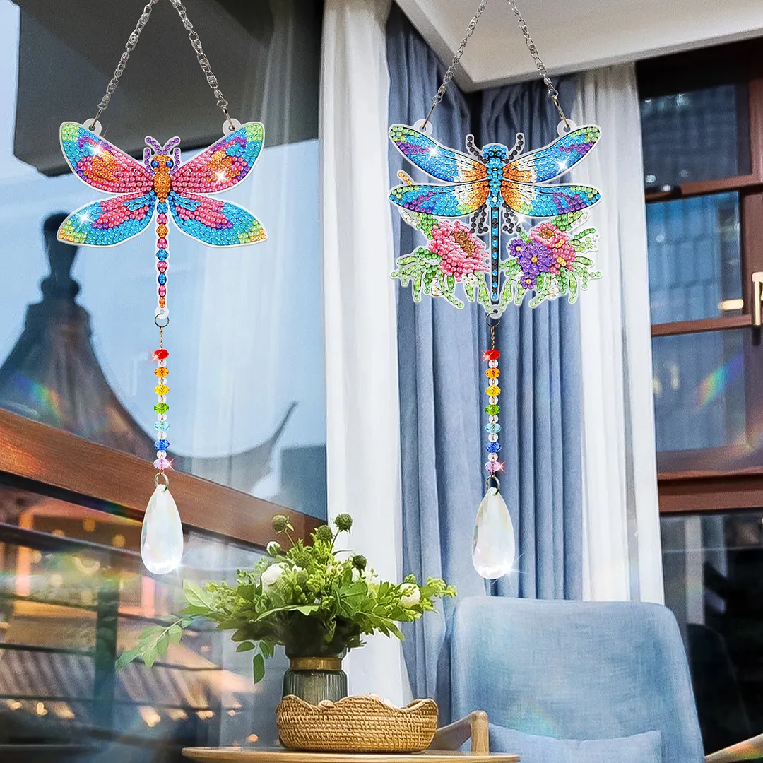 2Pcs Dragonfly DIY Acrylic Diamond Painting Art Wind Chimes with Crystal Pendant Diamond Art Hanging Pendant Double-Sided for Adults Beginners Gift Home Garden Decor