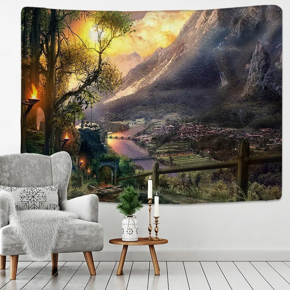 Village Under The Mountain Tapestry Wall Hanging Home Dorm Backdrop Decor Art Tapestry Urban Wall Cloth