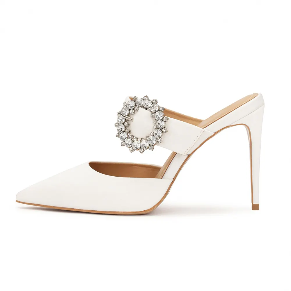 Elegant White Pointed Toe Stiletto Heel Rhinestones Buckle Mules Shoes