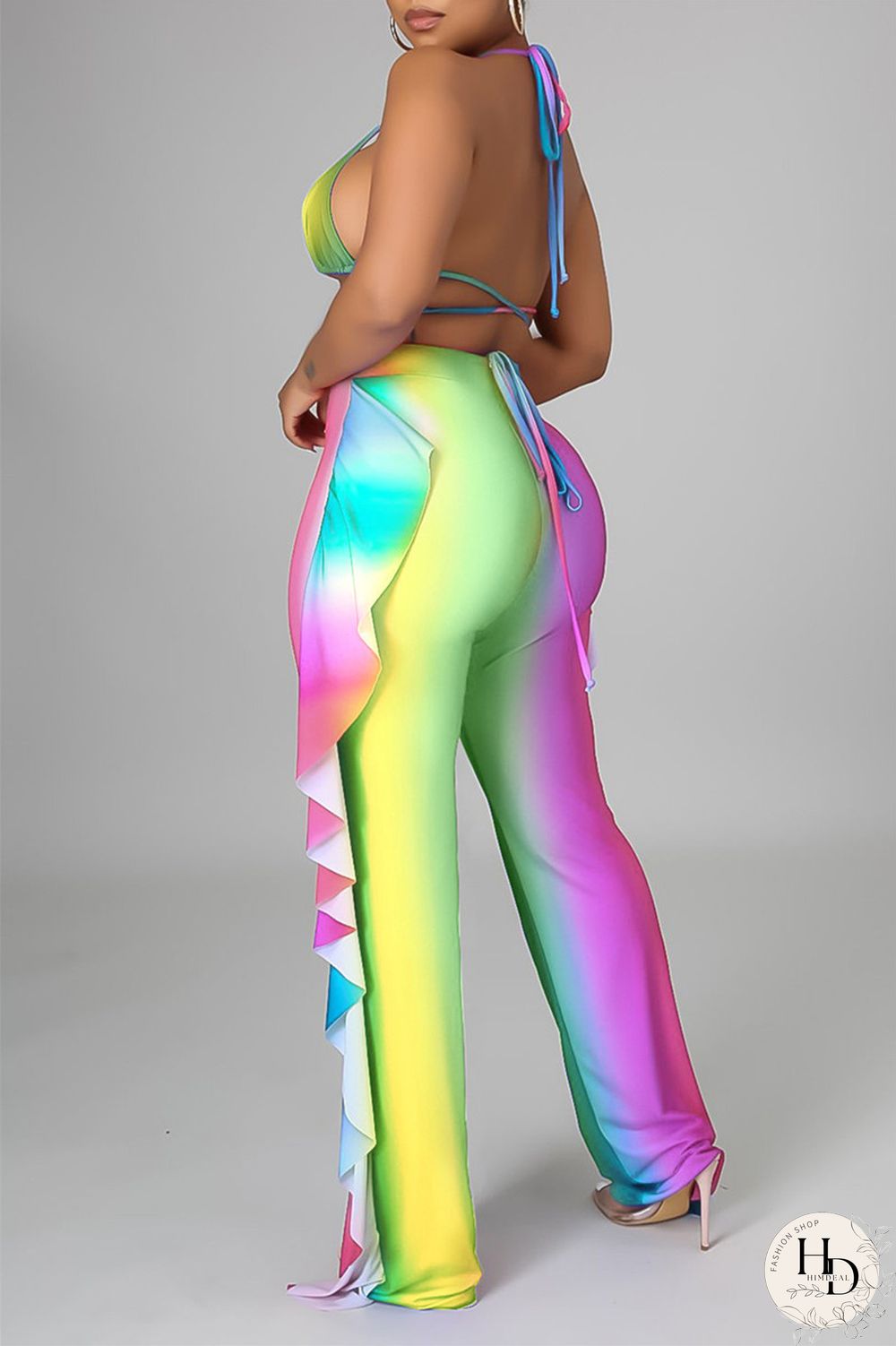 Yellow Fashion Sexy Print Backless Strap Design Halter Sleeveless Three-piece Set