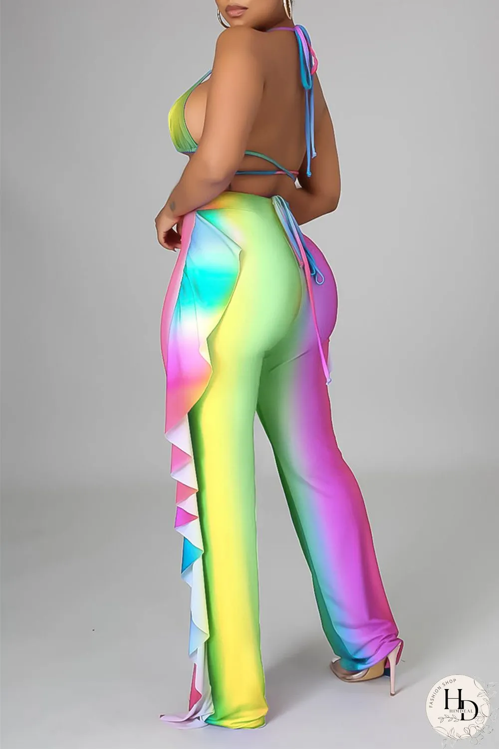 Yellow Fashion Sexy Print Backless Strap Design Halter Sleeveless Three-piece Set