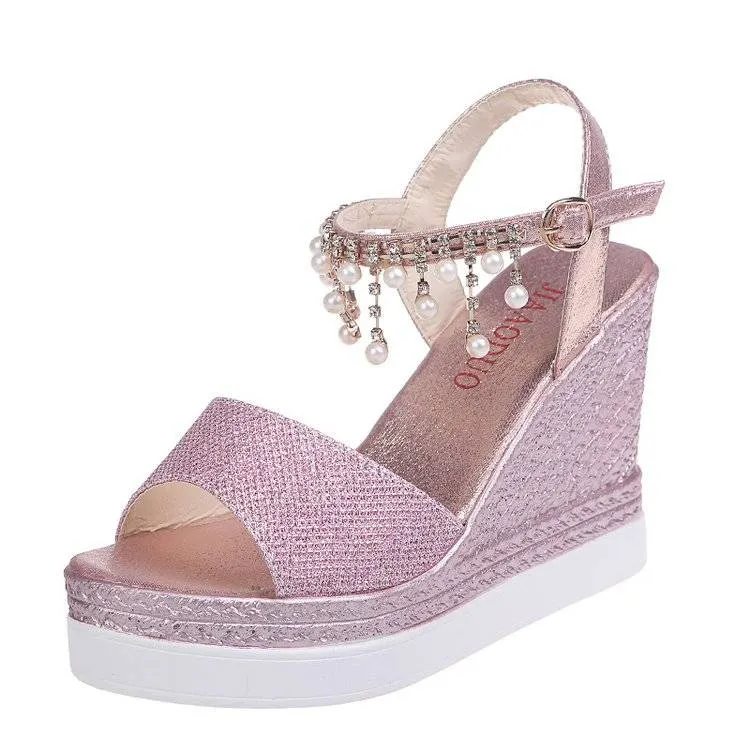34-40 Size Summer Women Shoe 9cm Heel Height Open Toe Women Sandals Fashion Wedges Pearl Bling Sandals Peep-toe  Easy Match Shoe