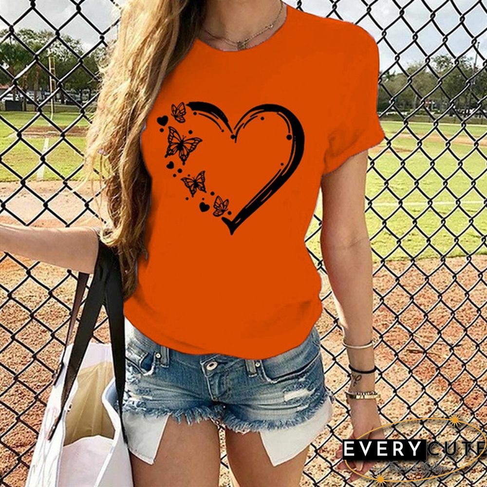 New Ladies Heart-shaped Print Short-sleeved T-shirt Fashion Round Neck T-shirt Womenu3002