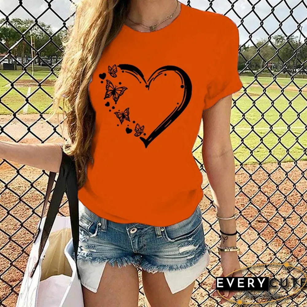 New Ladies Heart-shaped Print Short-sleeved T-shirt Fashion Round Neck T-shirt Womenu3002