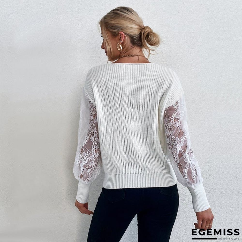 Lace Stitched Sweater Pullover White V-Neck Knit Bottomed Shirt | EGEMISS