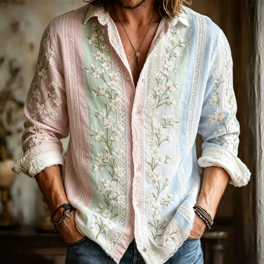 Vintage White Cherry Blossom Art And Lace Art Striped Cotton Linen Loose Long Sleeve Shirt  artssus