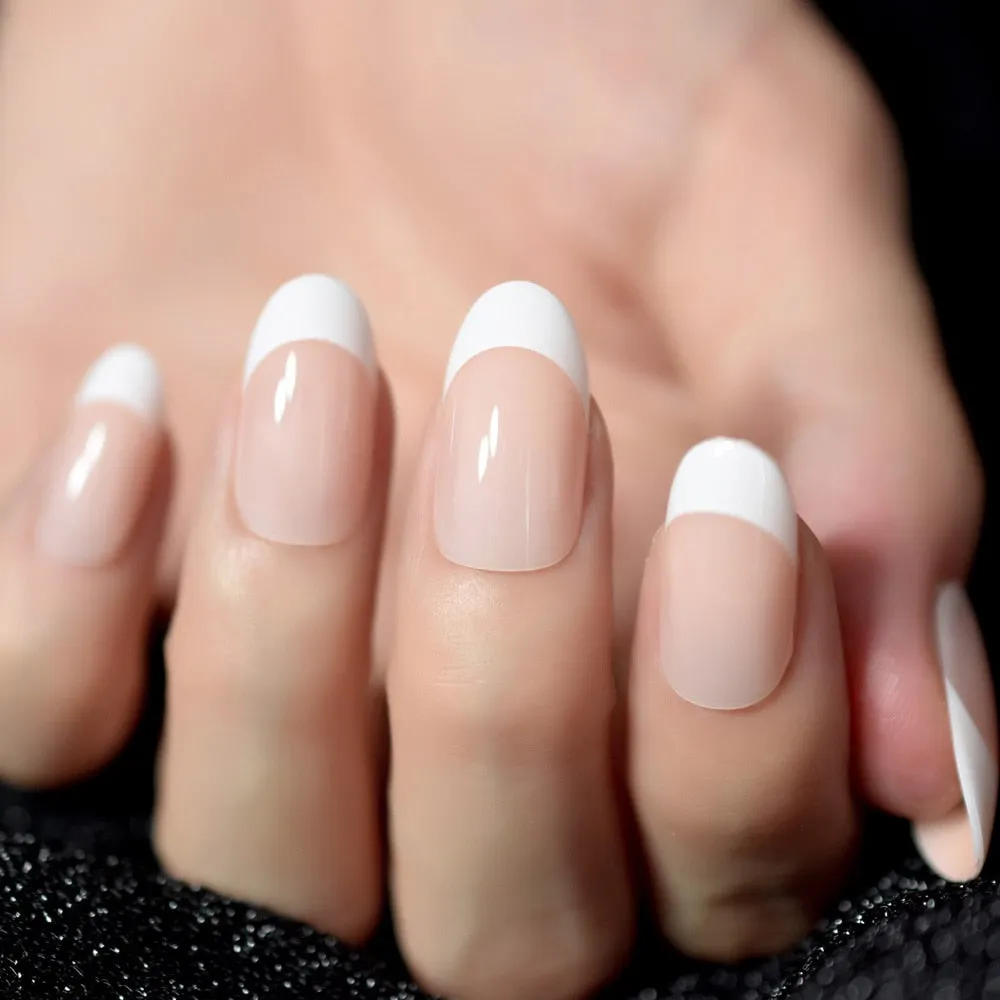 Nail Art Salon Oval Acrylic French Nail Kit Real Medium Length Grace Oval Fake Nails French 24 Tips-Nail Inspo