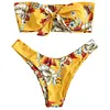 ZAFUl Knot Floral Bandeau Bikini Set Women Mid Waist Swimsuit Sexy Bandeau Swimwear Strapless 4-Color Bathing Suit Biquni