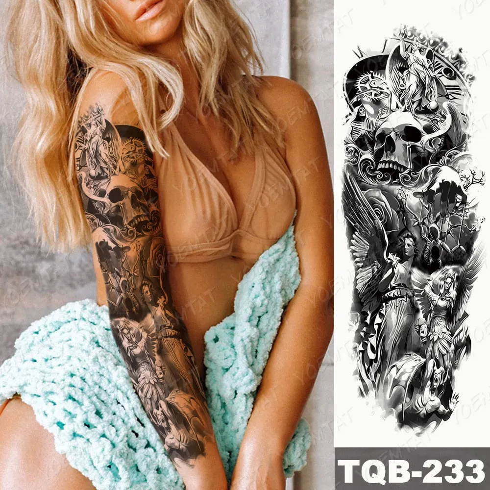 Large Arm Sleeve Tattoo Bird Crow Forest Moon Waterproof Temporary Tatto Sticker Lion Wolf Clock Body Art Full Fake Tatoo Men