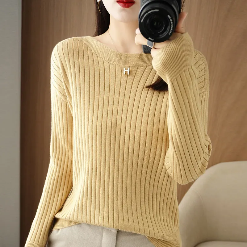 Churchf Churchf Round Collar Knit Women's Thin Early Spring And Autumn With A Sweater Long-Sleeve T-Shirt Wool Undershirt Loose.