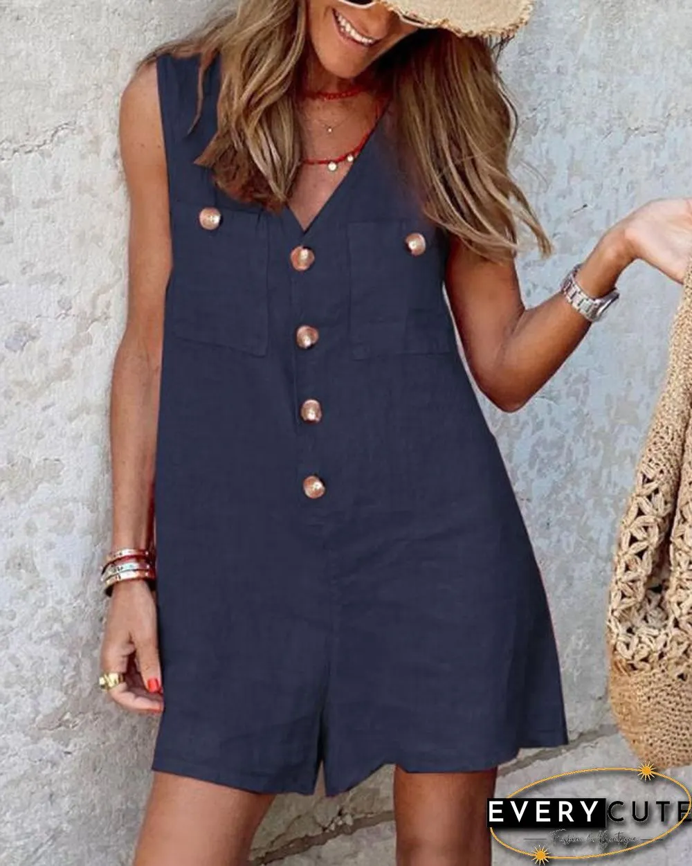 Cotton Linen V Neck Button Romper