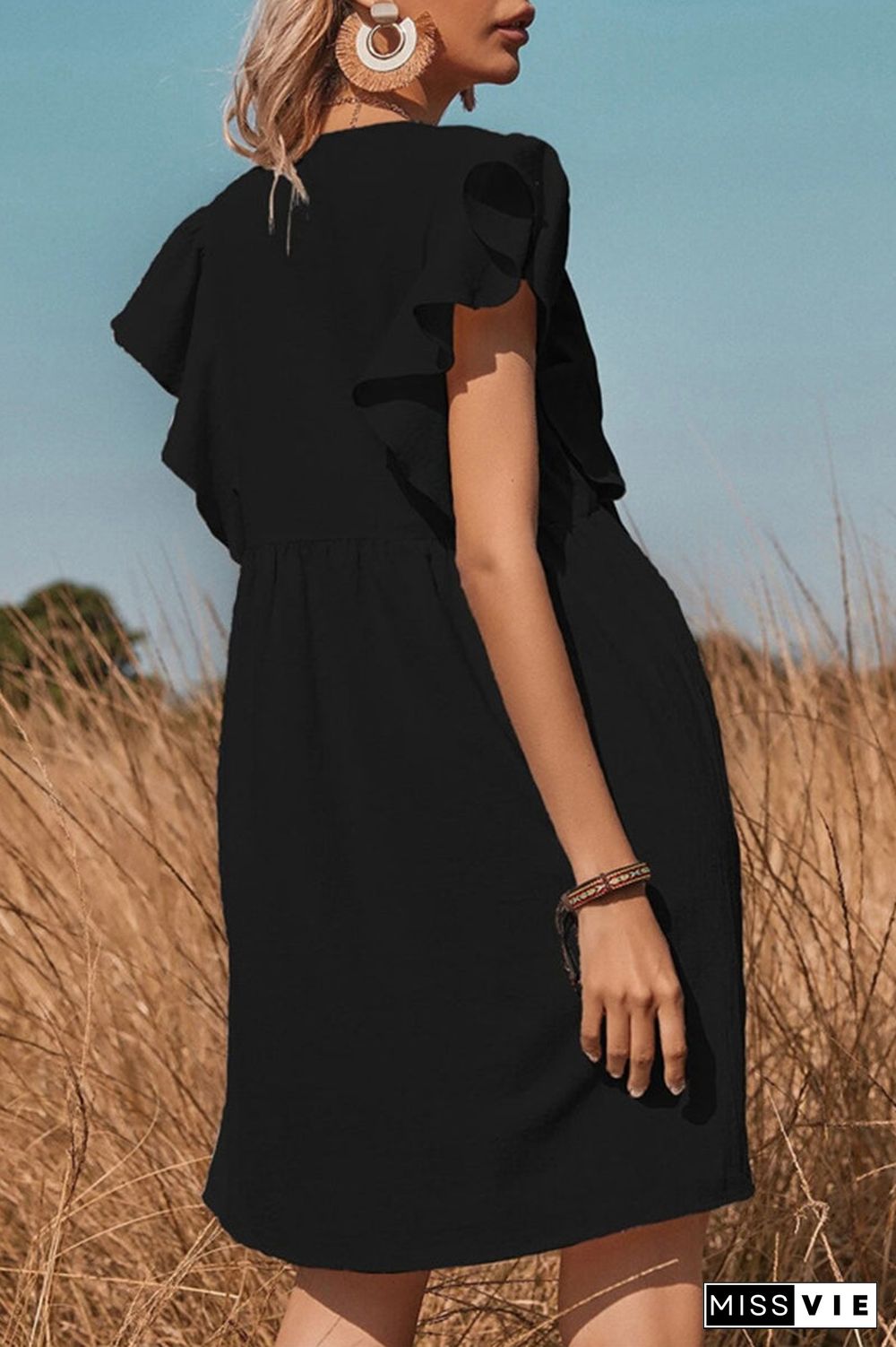 Sweet Simplicity Solid Buckle Solid Color V Neck A Line Dresses