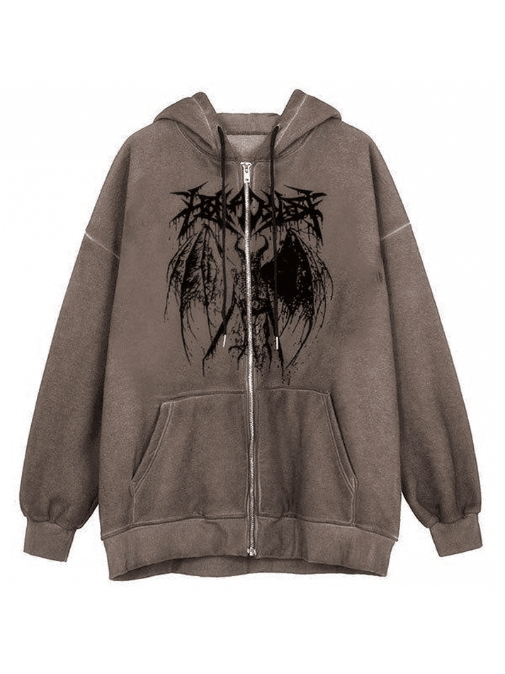 Brownm Oversized Skeleton Print Zipper Hoodie