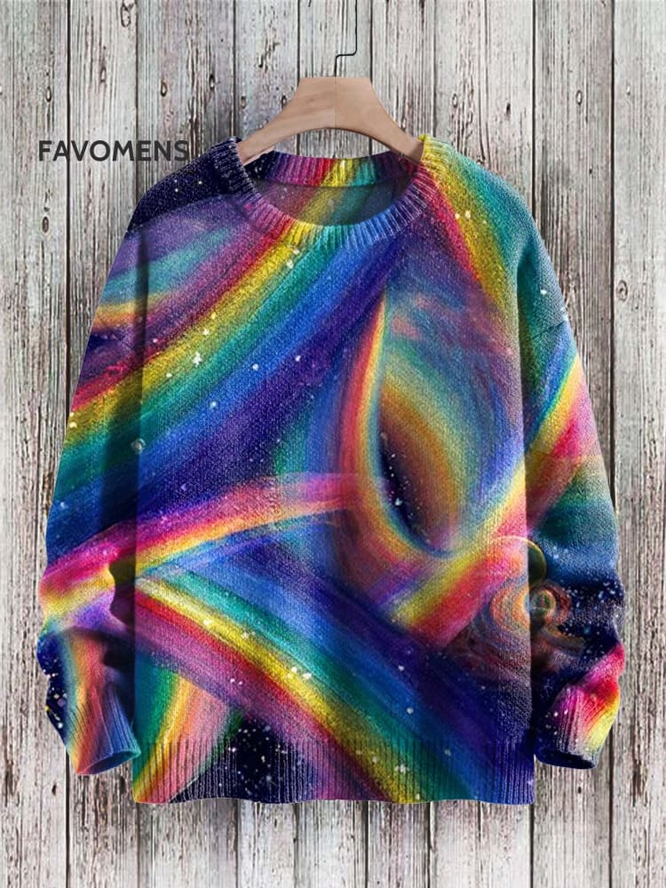 Rainbow Starry Sky Colorful Gradient Art Pattern Print Casual Knit Pullover Sweater Multicolor / S