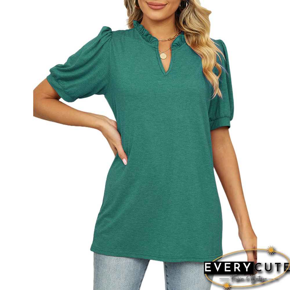 Green Pleated V Neck Short Sleeve Tees