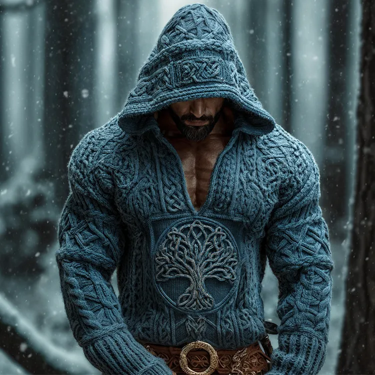 Viking Tree Of Life Men's Chunky Knit Hooded Sweater