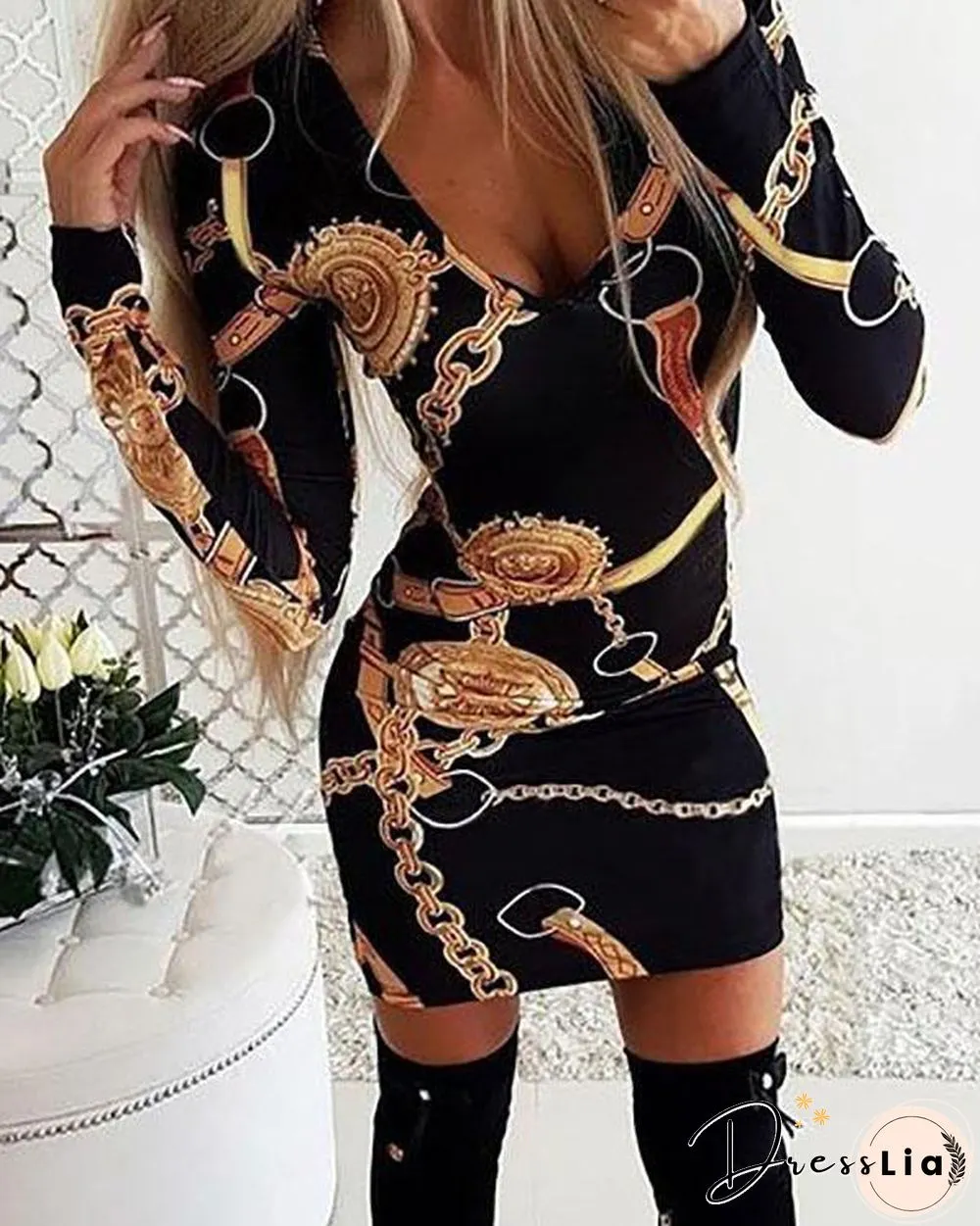 Womens Deep V Neck Dresses Floral Midi Dresses Print Long Sleeve Bodycon Dress
