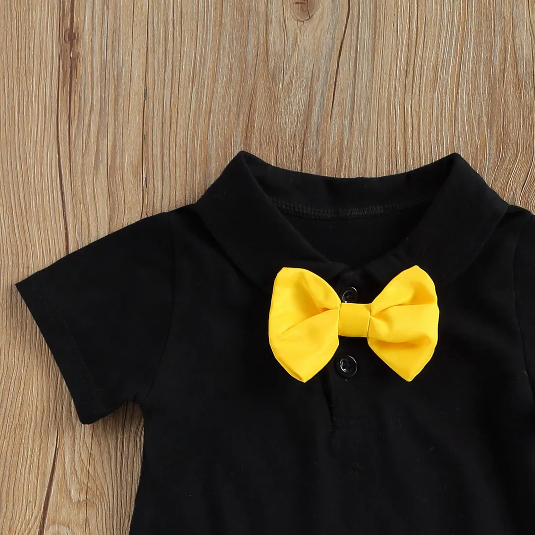 Infant Newborn Boy 2Pcs Gentleman Clothes Set, Short Sleeve Bow Tie Decorations Solid Color Romper with Suspenders Short Pants