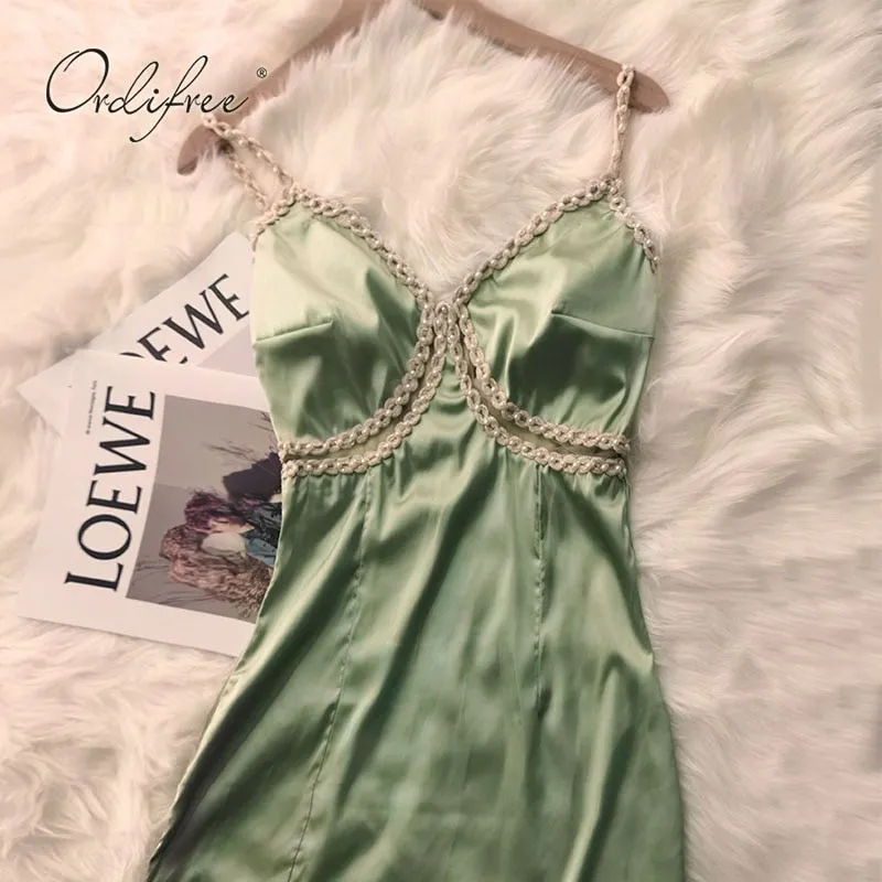 Ordifree 2022 Summer Women Green Satin Dress Vintage Beading Silk Sexy Slit Party Midi Dress