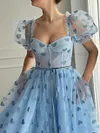 Light Baby Blue Sparkling Prom Dress Short Puff Sleeve Sweetheart Tulle A Line Sheer Bodice Corset Ball Gown Whimsical Love Heart Print