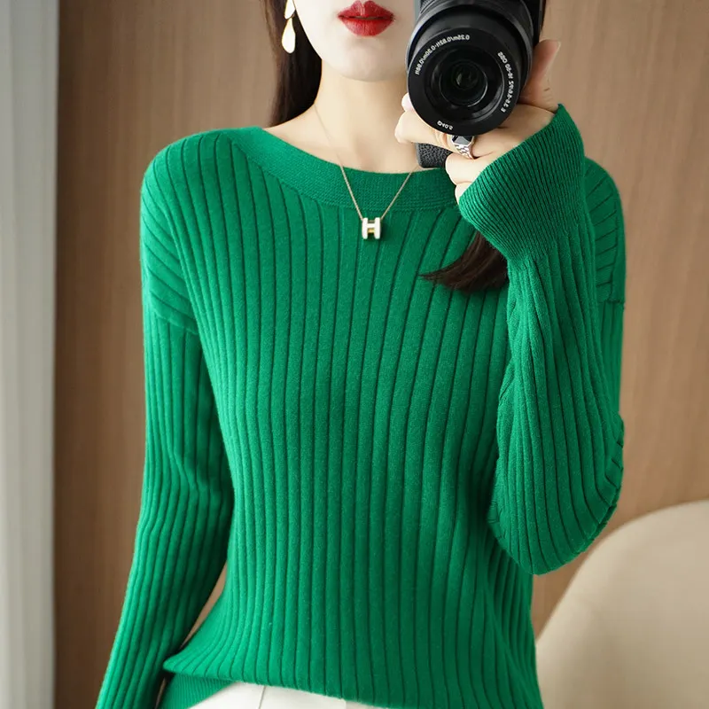 Churchf Churchf Round Collar Knit Women's Thin Early Spring And Autumn With A Sweater Long-Sleeve T-Shirt Wool Undershirt Loose.