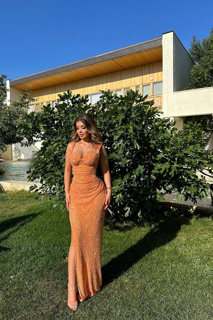 Lussooy Shinning Sequins Sleeveless Bright Orange Spaghetti Strap Split Prom Dress with Pleated  