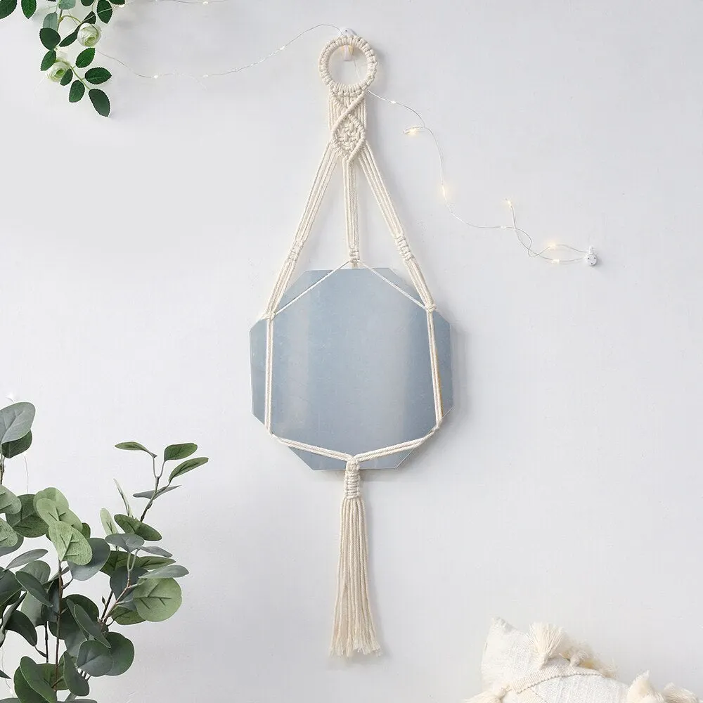 Boho Mirror Home Decor Aesthetic Macrame Wall Hanging Decorative Wall Mirrors For Apartment Livingroom Bedroom Room Decoration