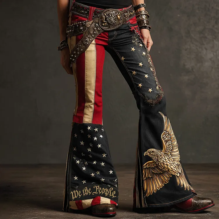 Vintage Independence Day We The People And Eagle Patchwork Art Design Jeans