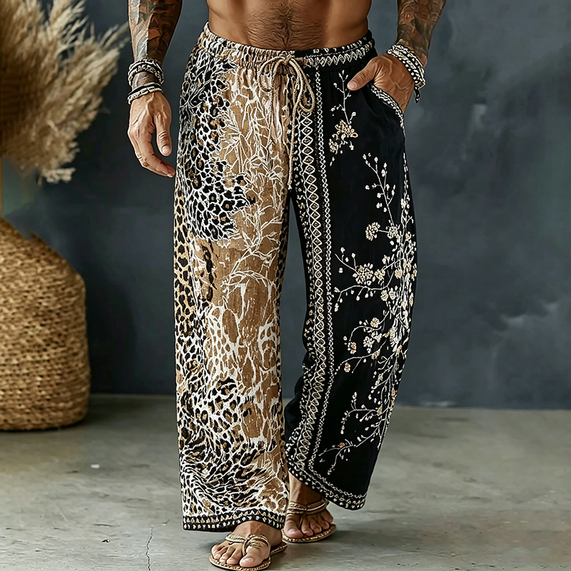 Comstylish Men's Vintage Spring Leopard And Floral Art Print Flowy Linen Blend Casual Pants