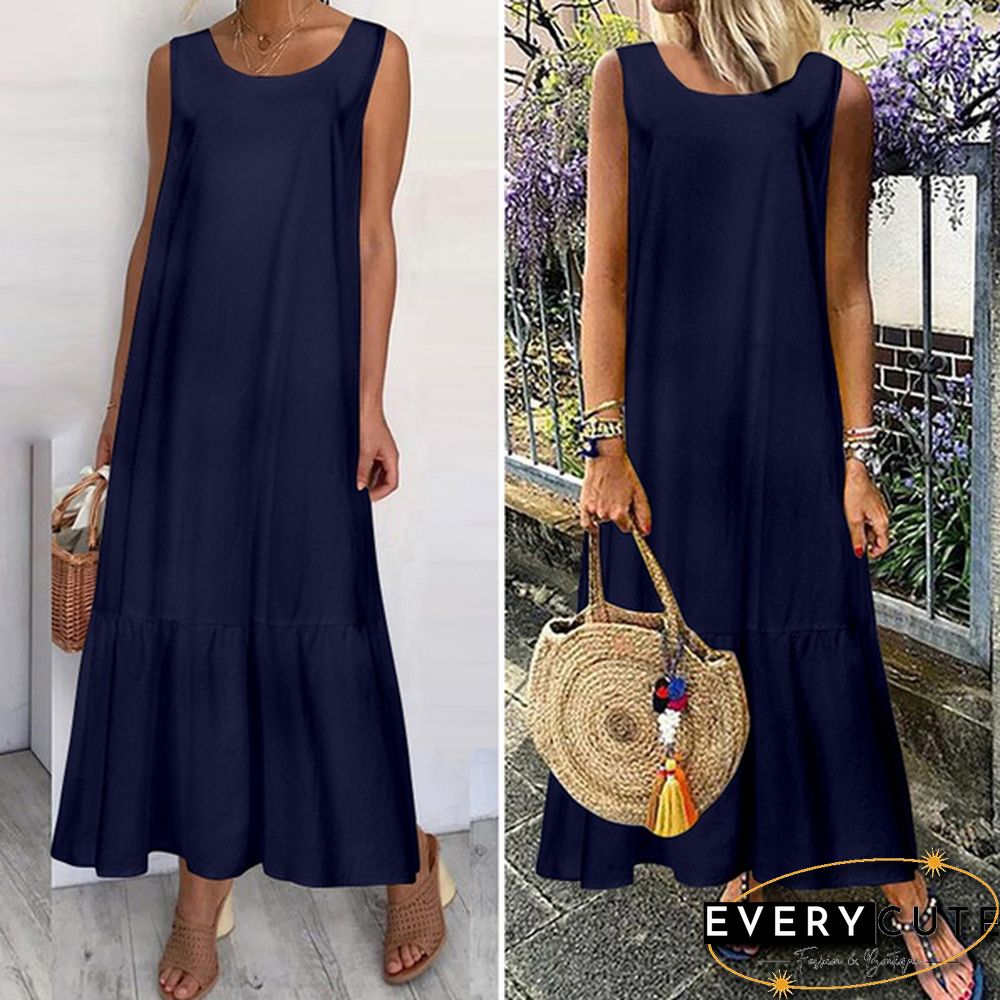 Women Solid Color Sleeveless Swing Long Dress Casual Elegant Loose Party Maxi Dress Plus Size Vestidos