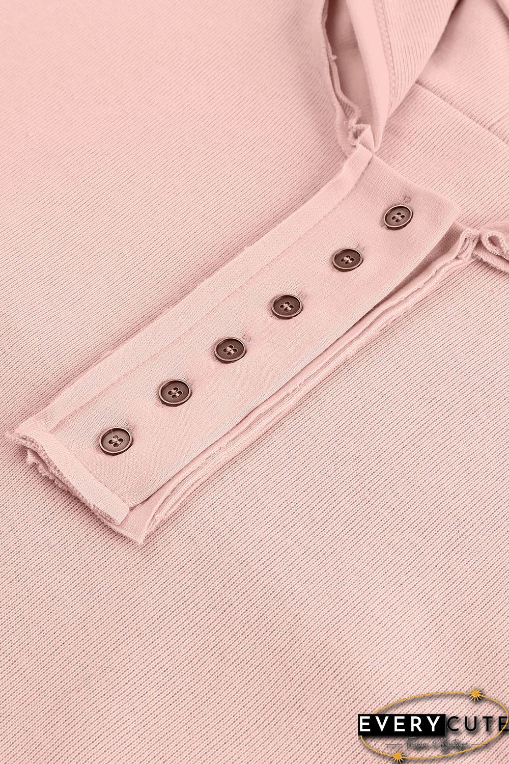 Pink Casual Button Solid Patchwork Trim Hoodie