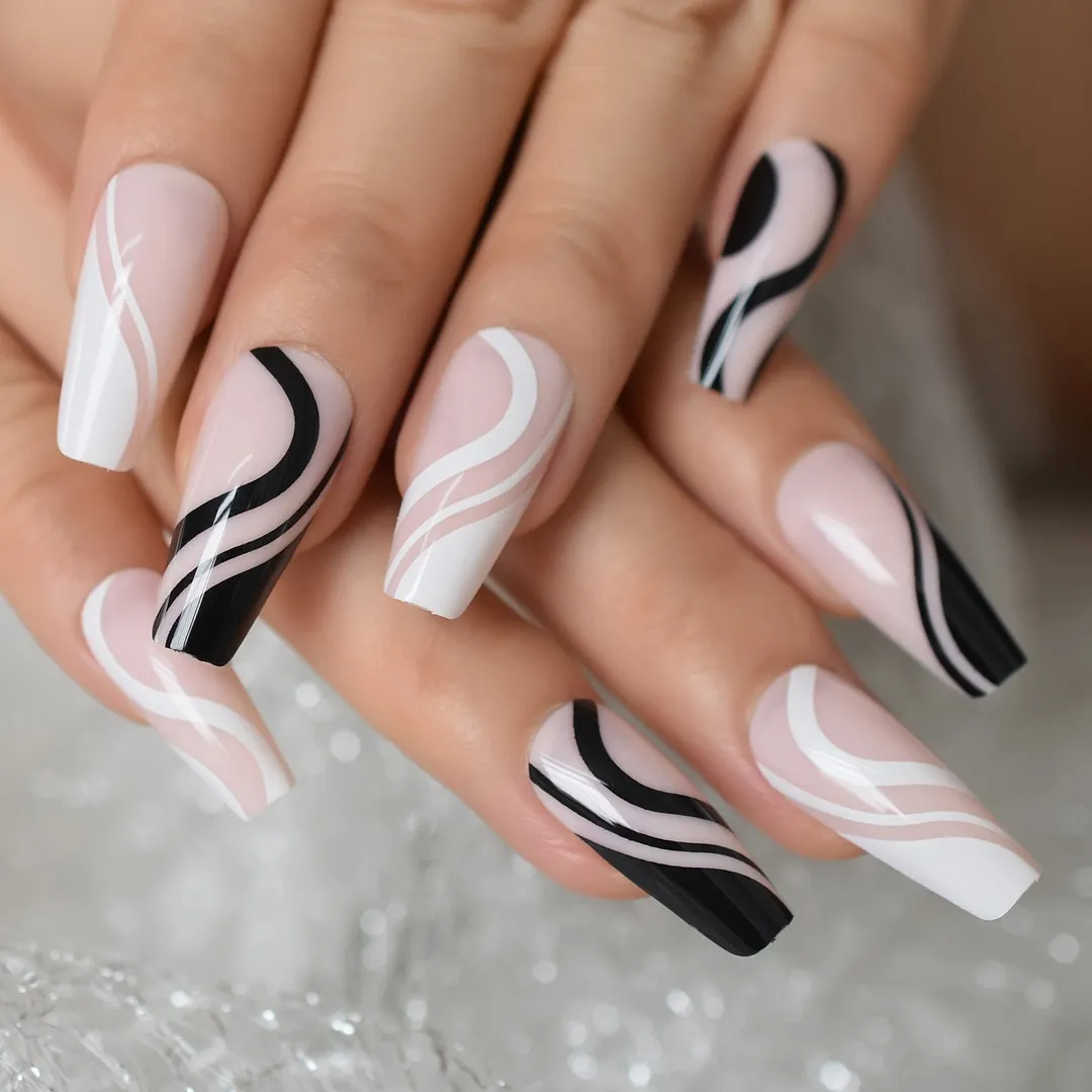 Long Coffin False Press On Nails Pink Black White Abstract Swirl Fake Nails Ballerina Full Cover Gel Glossy Acrylic Nail Tips-Nail Inspo