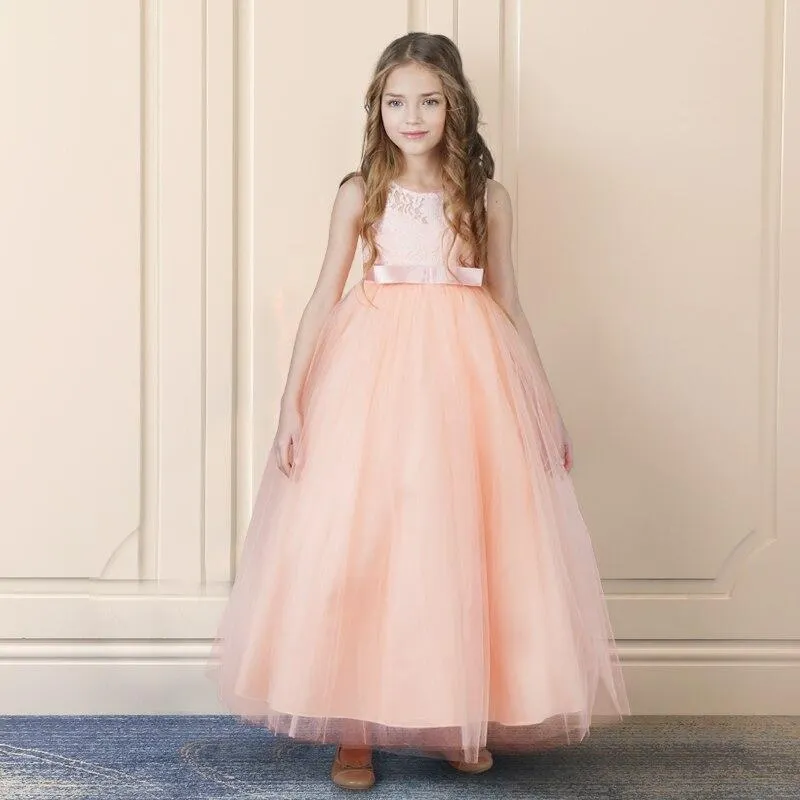 Girls Dress Embroidery Lace Flower Bridesmaid Dress Princess Dress Party Long Gown Xmas Pageant Party First Communion Vestido