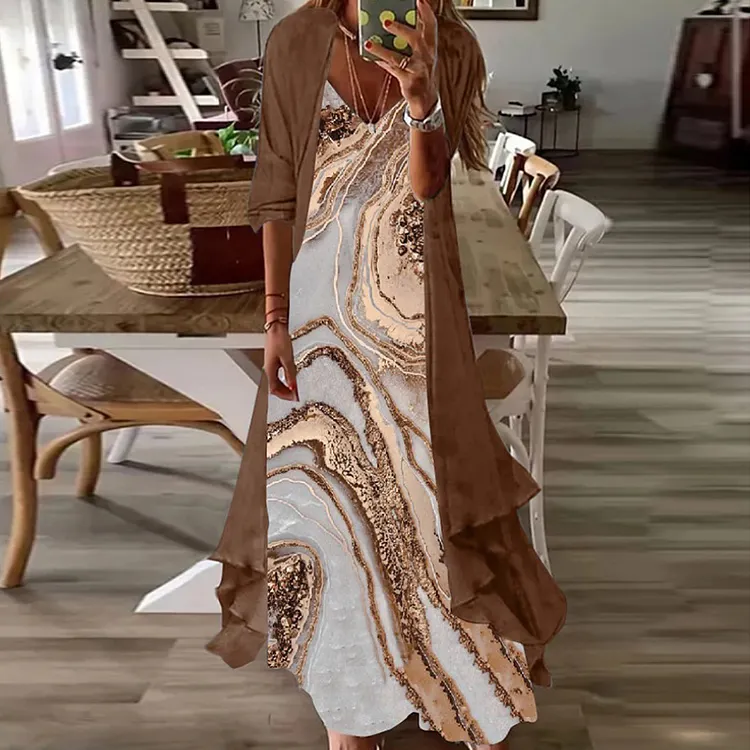 Commuter Print Maxi Dress Cardigan Two Piece Set