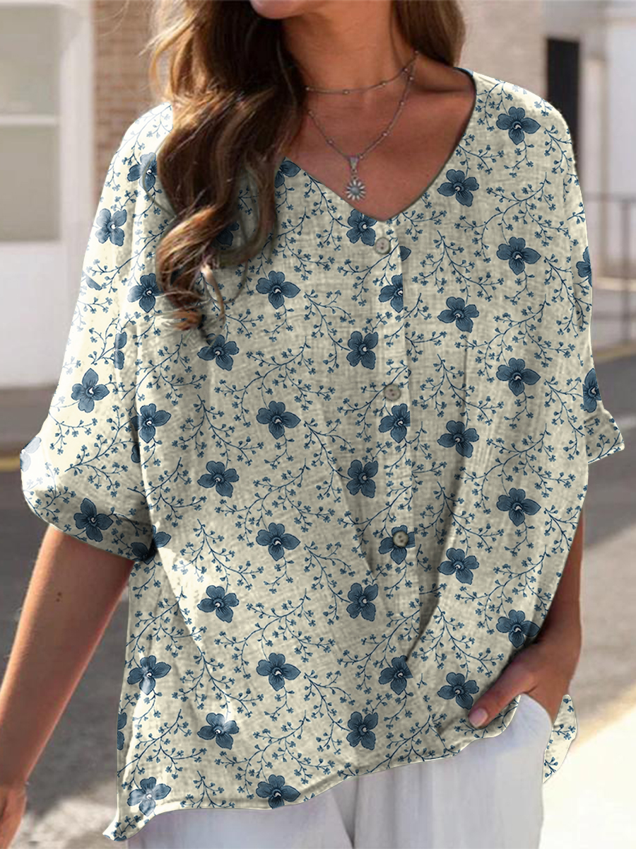 Women's Vintage Floral Art Print Casual Linen V-neck Shirt