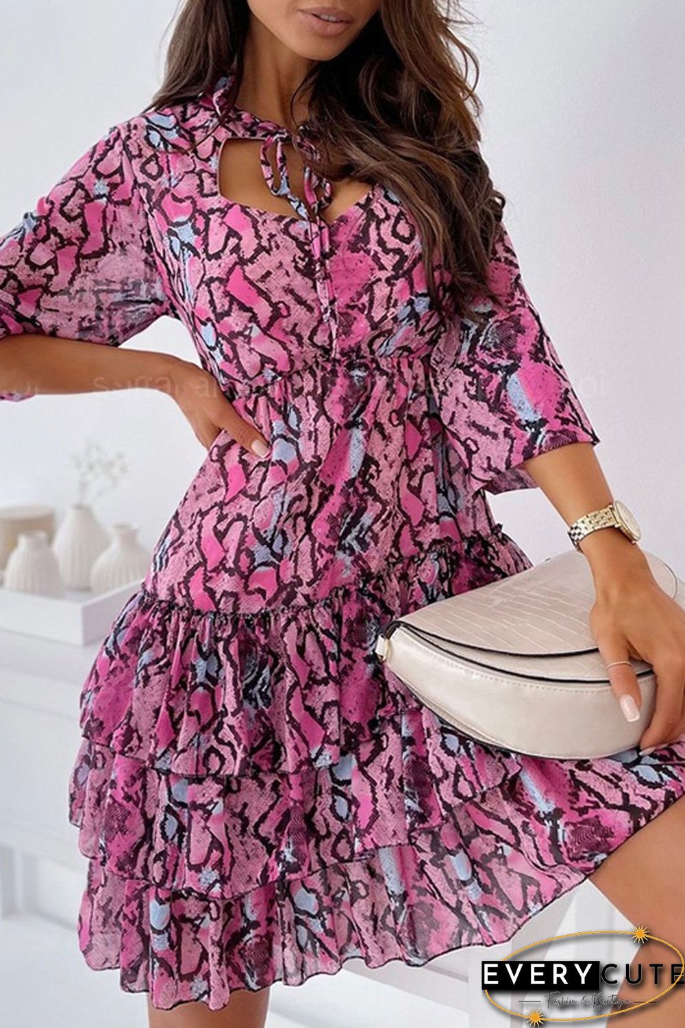 Lace-Up Neckline Tired Dress