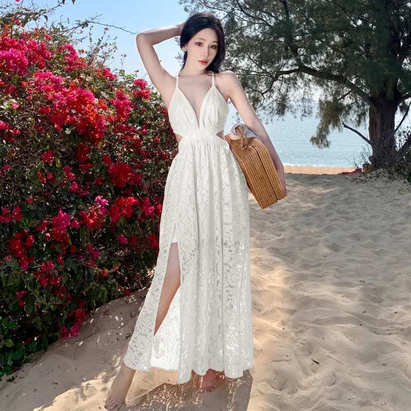 Churchf Churchf First Love Foreign Gas Lace Hollow Out Sexy Big Dew Back Deep Collar Long Money Big Place Dress Sanya Seaside Vacation