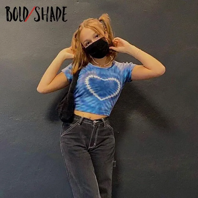 Bold Shade Soft Grunge Fashion T Shirt Heart Print Crewneck Skinny y2k New Trendy Indie Clothes Aesthetic Women Short Sleeve Tee