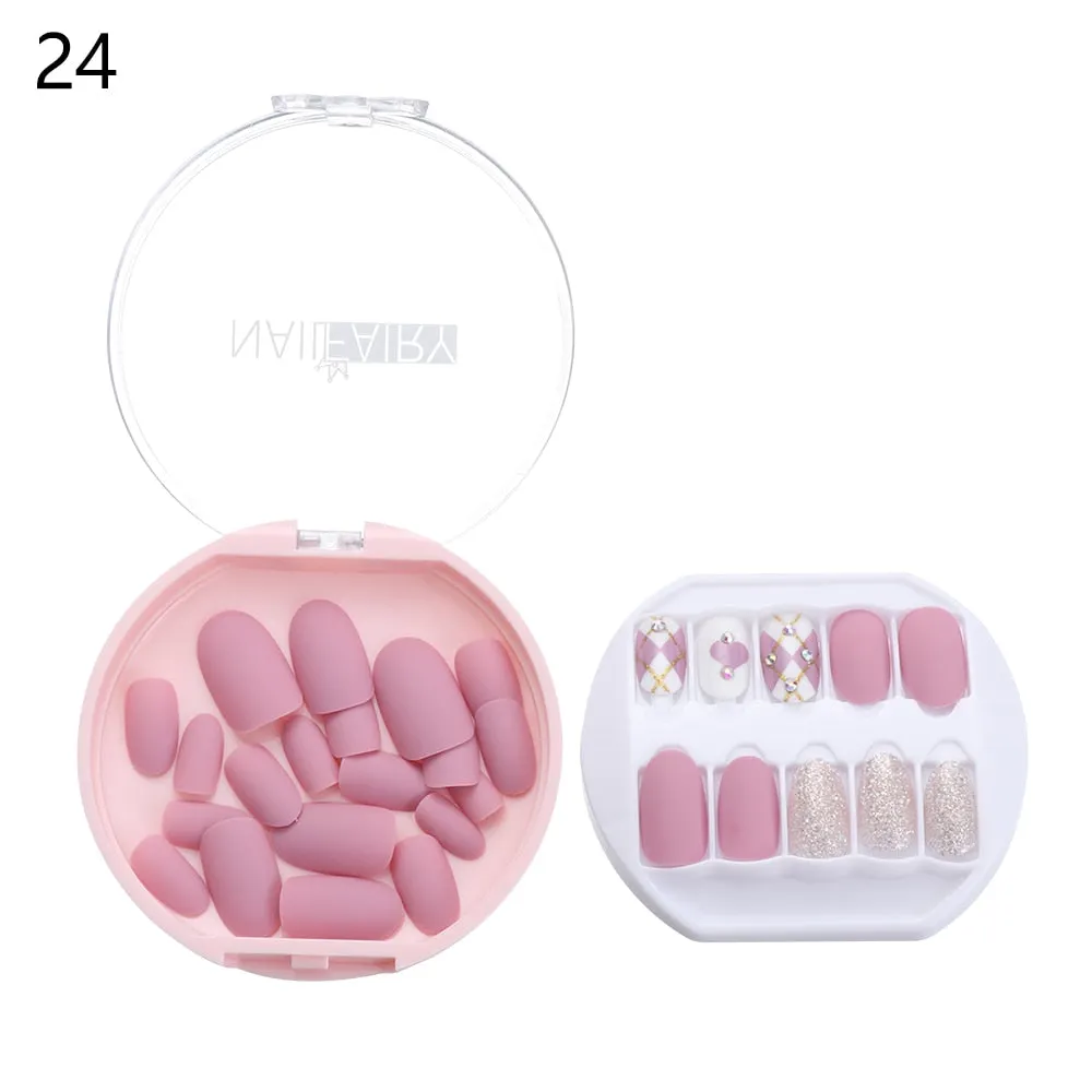 30PCS/Set Fake Nails Press Coffin False Full Artificial Short Kiss Detachable Stick Designs Press Nails Art Tipsy Cover Box