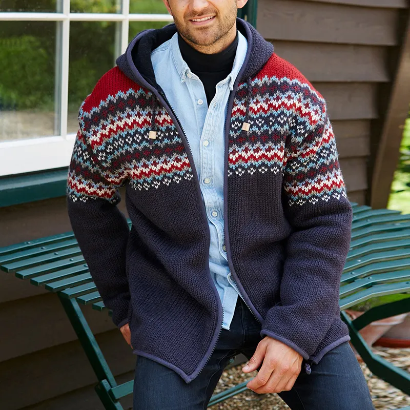Classic Color Blocking Iceland Jacquard Zipper Hooded Sweatshirt
