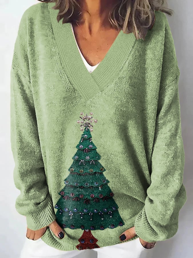 Women's Christmas Tree Print V-Neck Sweater