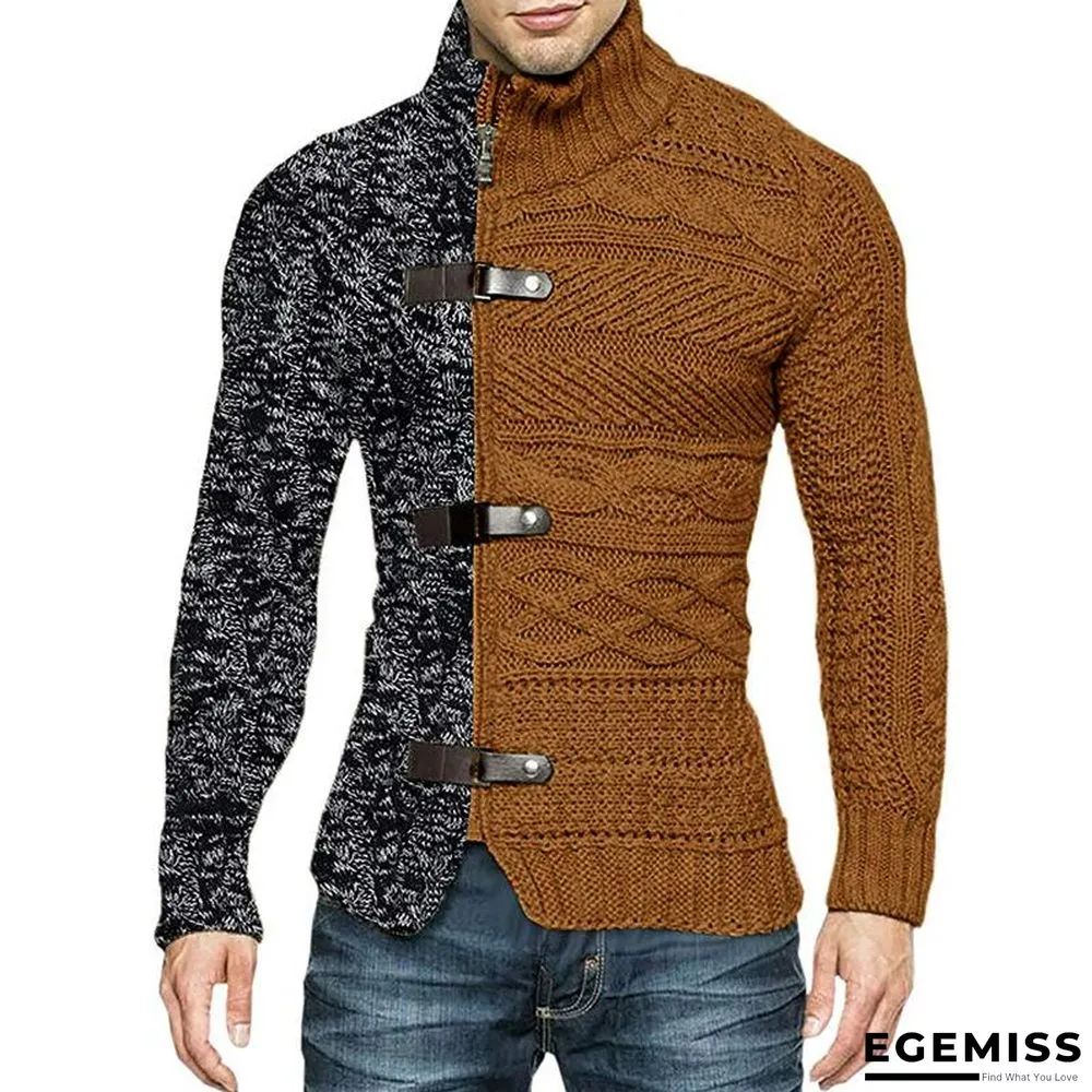 High Neck Sweater Men's Color Matching Leather Buckle Long Sleeve Knitted Cardigan | EGEMISS