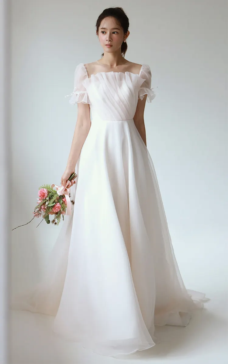 Sheer Neck Tulle Princess A Line Evening Dress Short Sleeve Long Formal Prom Party Gowns