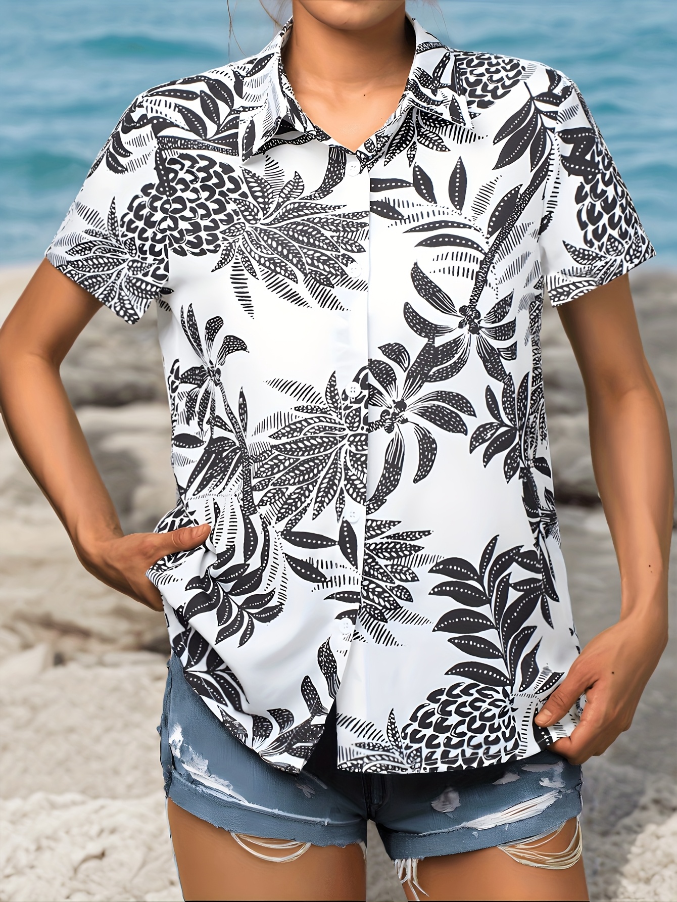 Women's Tropical Floral Print Short Sleeve Blouse - Elegant V-Neck, Button-Up Shirt For Spring & Summer, White With Black & Golden Leaf Design, Lightweight Polyester Fabric, Perfect For Casual Or Beach Outings, Beach Shirt | Tropical Print | | IFYHOME