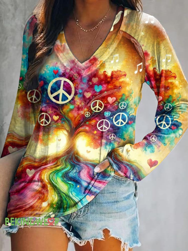 Tree of Peace Printed Casual V-Neck Long Sleeve Top Multicolor / S