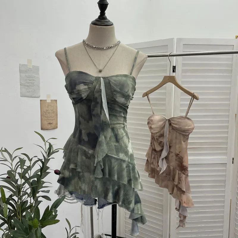 Churchf Real Shooting 2025 Spring And Summer New With Chest Cushions Dyed Mesh Sling Sling Vest Irregular Lotus Leaf Side Top 1139