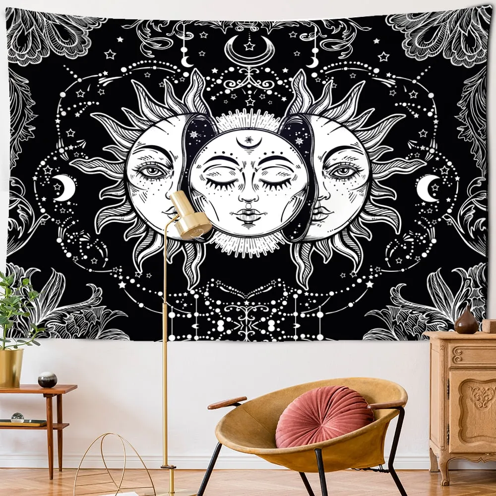 White Black Sun Moon Mandala Tapestry Wall Hanging Celestial Hippie Carpets Dorm Decor Psychedelic Witchcraft Halloween