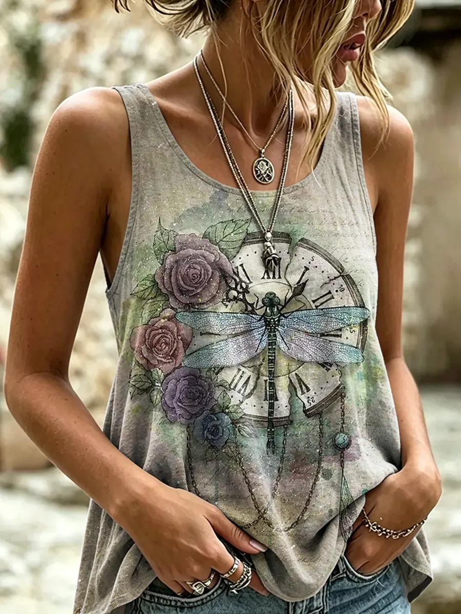 Dragonfly Clock Roses Women's Dragonfly Clock Rose Print Casual Tank Top