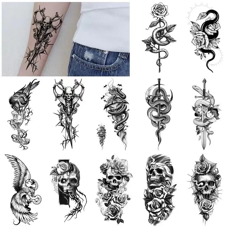 12sheets Lion Tiger Waterproof Tattoo Stickers Men Women Half Arm Calf Water Transfer Fake Tattoo Animal Pattem Temporary Tattoo