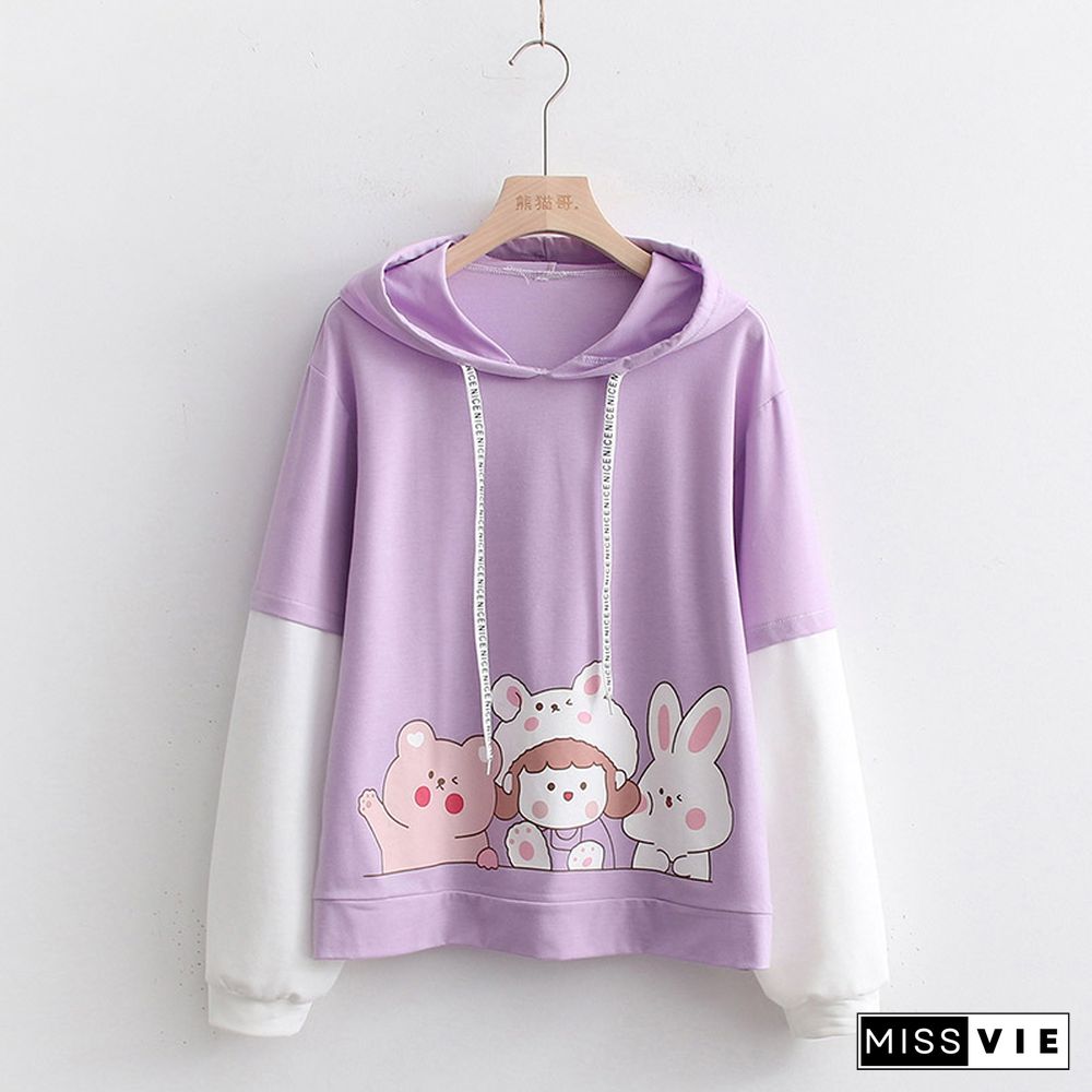 Colorblock Cartoon Rabbit Print Hoodie
